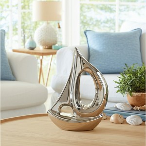 Sailboat Decorative Sculpture - Modern Nautical Accent - Silver Ceramic Ceramic - Coastal Home & Office Decor - 8" Metallic Silver - 1 of 4