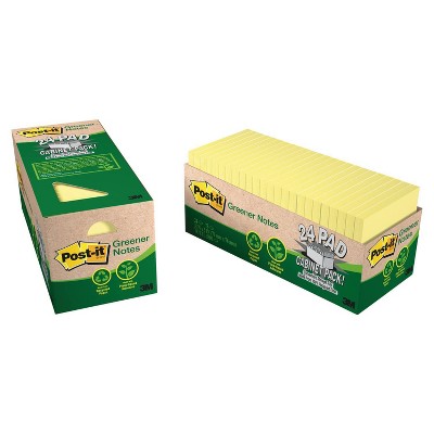 Post-it Greener Recycled Notes 3 x 3 - Canary Yellow (24 Pads/75 Sheets per Pad)