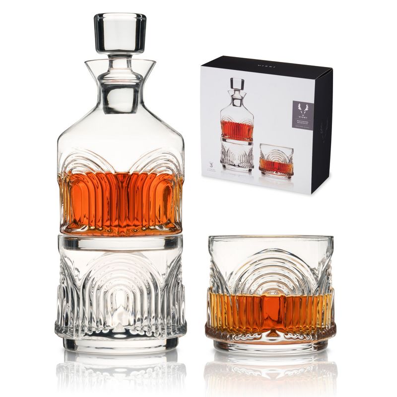 Viski Beau Stacking Decanter Set with Lowball Glasses - Crystal Decanter and Glasses for Whiskey - Art Deco Cocktail Glasses Whiskey Decanter Set of 3, 1 of 12