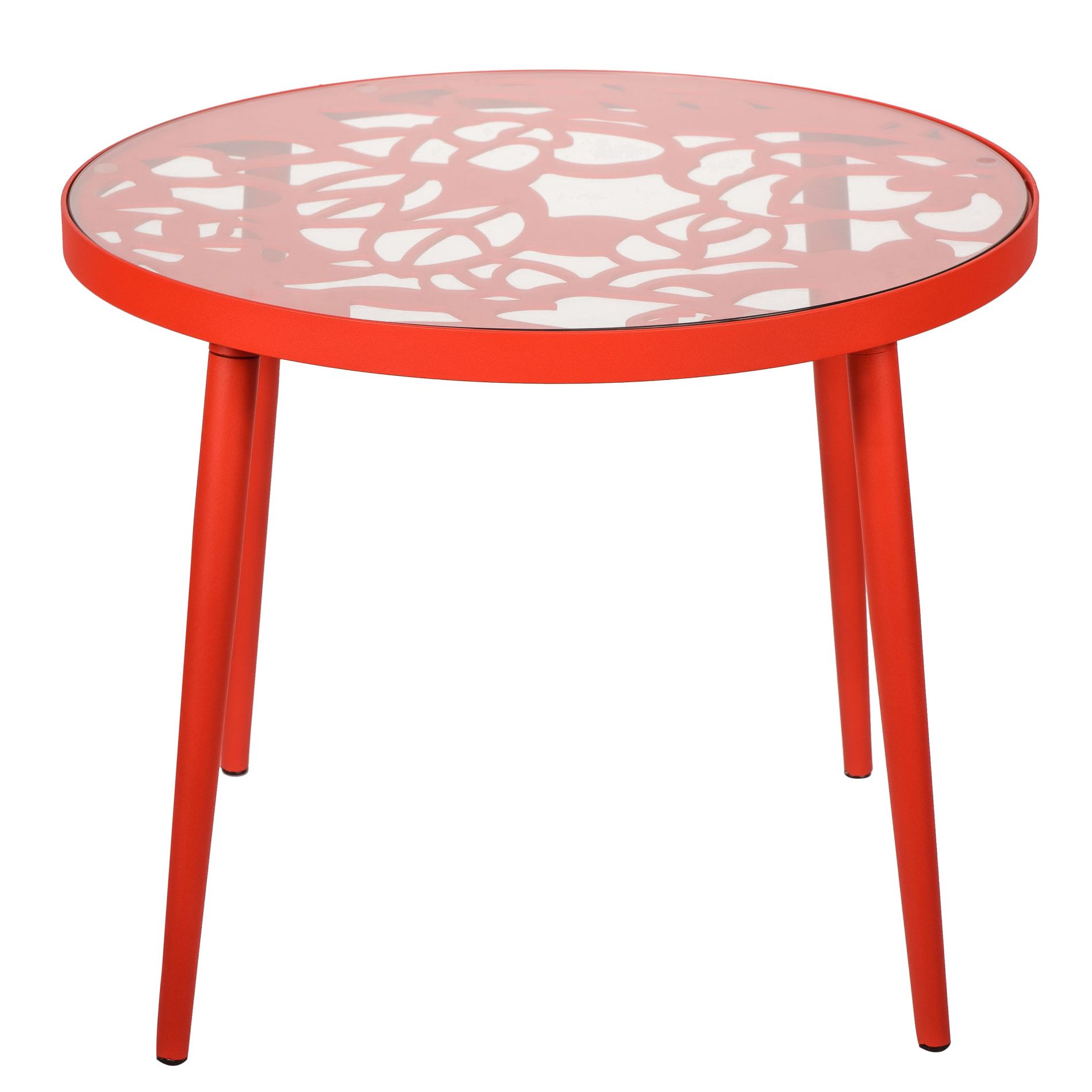 LeisureMod Devon Tree Design Glass Top Aluminum Base Indoor Outdoor End Table in Red