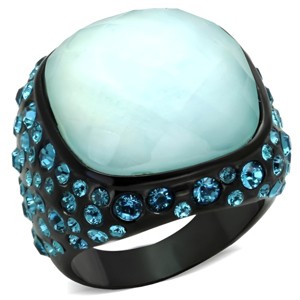 Slickblue Women’s IP Black Stainless Steel Ring with 18x18mm Sea Blue Synthetic Glass Stone, size 5-10 - 1 of 4