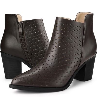 Allegra K Women's Perforated Chunky Heels Zipper Western Ankle Booties
