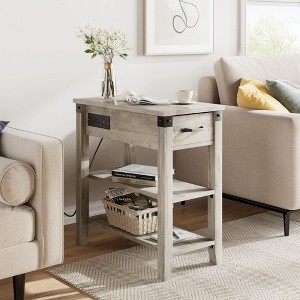 End Table with USB Ports and Outlets, Flip Top Side Table Narrow Bedside Table with Drawer - 1 of 4