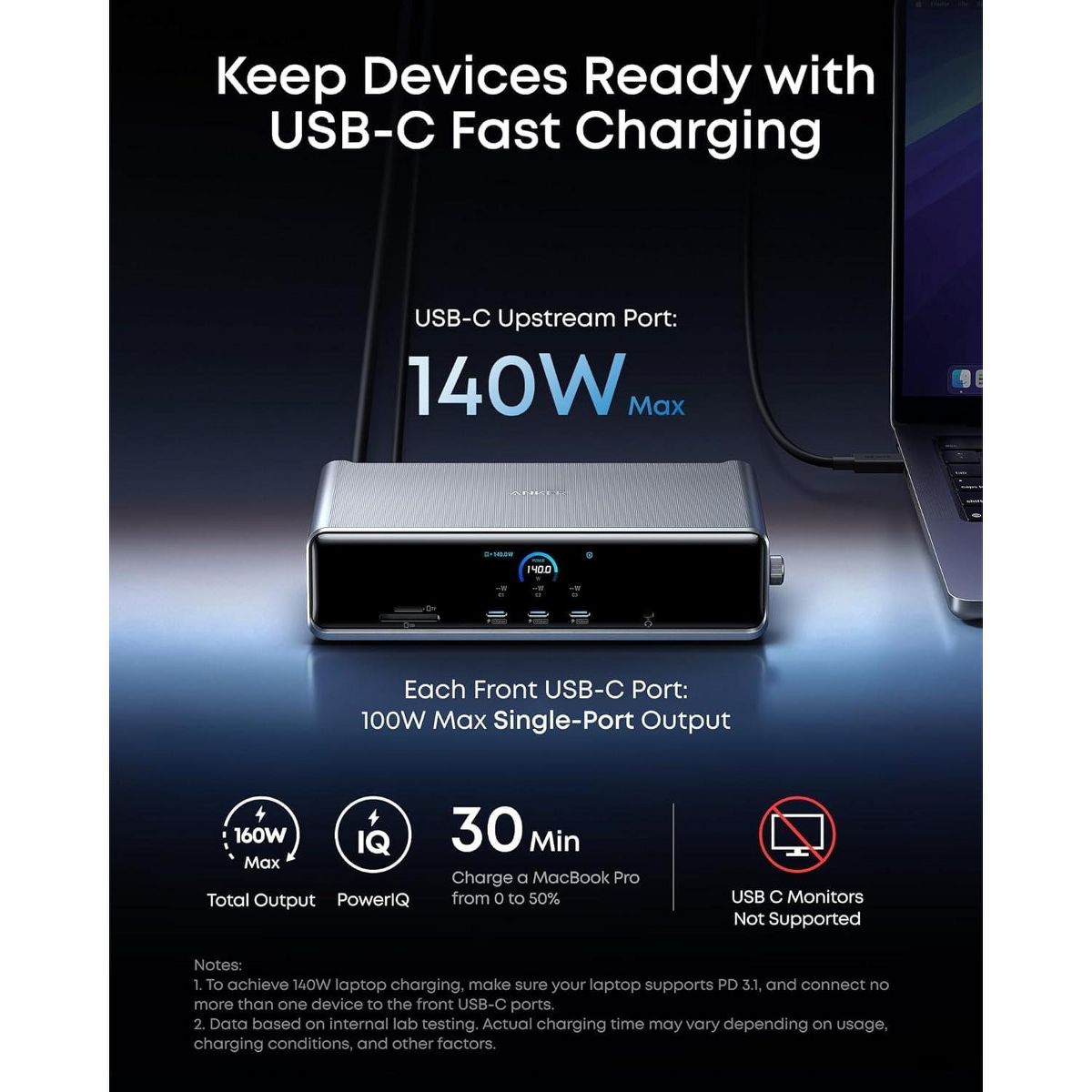 Refurbished Anker Prime Docking Station (DL7400), 14-in-1, DisplayLink, 140W Max, Smart Display, Triple 4K@60Hz (2 HDMI+1 DP), for Windows Laptops - thumbnail 5