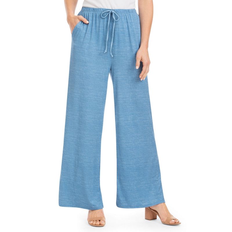 Collections Etc Pull-On Faux Denim Wide-Leg Knit Palazzo Pants, 1 of 5
