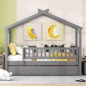 NicBex Twin Size Bunk Bed Classic House Shape Loft Bed Draggable Design Pine Bed Frame with Wheels and Guardrails, No Box Spring Required - 1 of 4