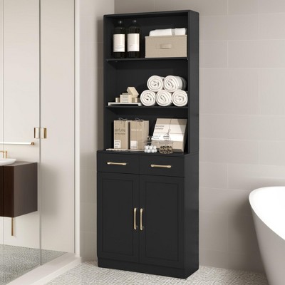 70-Inch Bathroom Storage Cabinet with Three-Layer Open Shelf, Wooden Pantry with Adjustable Shelf and 2 Drawers - Leovsnove