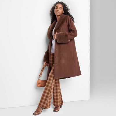 Women's Faux Fur Trim Long Jacket - Wild Fable™ Dark Brown XS