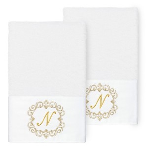 Linum Home Textiles 100% Turkish Cotton MONICA Gold Thread 2PC Embellished Hand Towel Set - 1 of 3