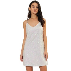Allegra K Women's Glitter Sequin Spaghetti Strap V Neck Party Cocktail Sparkly Mini Dress - 1 of 4