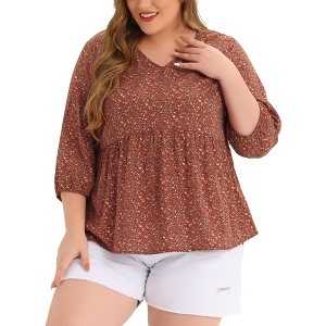 Agnes Orinda Women's Plus Size V Neck Babydoll 3/4 Lantern Sleeve Casual Floral Flowy Blouses - 1 of 4