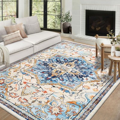 Faux Wool Vintage Floral Printed Area Rug Machine Washable Stain Resistant Non Shedding Floor Rug for Living Room Bedroom