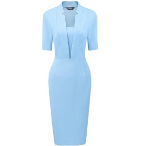 Allegra K Women's V Neck Short Sleeve Work Office Bodycon Midi Sheath Dress - 1 of 4