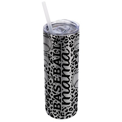 Elanze Designs Leopard Print Silvertone Sparkle 20 Ounce Double Wall Stainless Steel Glitter Travel Tumbler With Sliding Lid And Straw, Baseball Mom