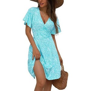 Coolmee Women's Summer Boho Floral Sundress Short Sleeve Wrap V Neck A-Line Midi Dress - 1 of 3
