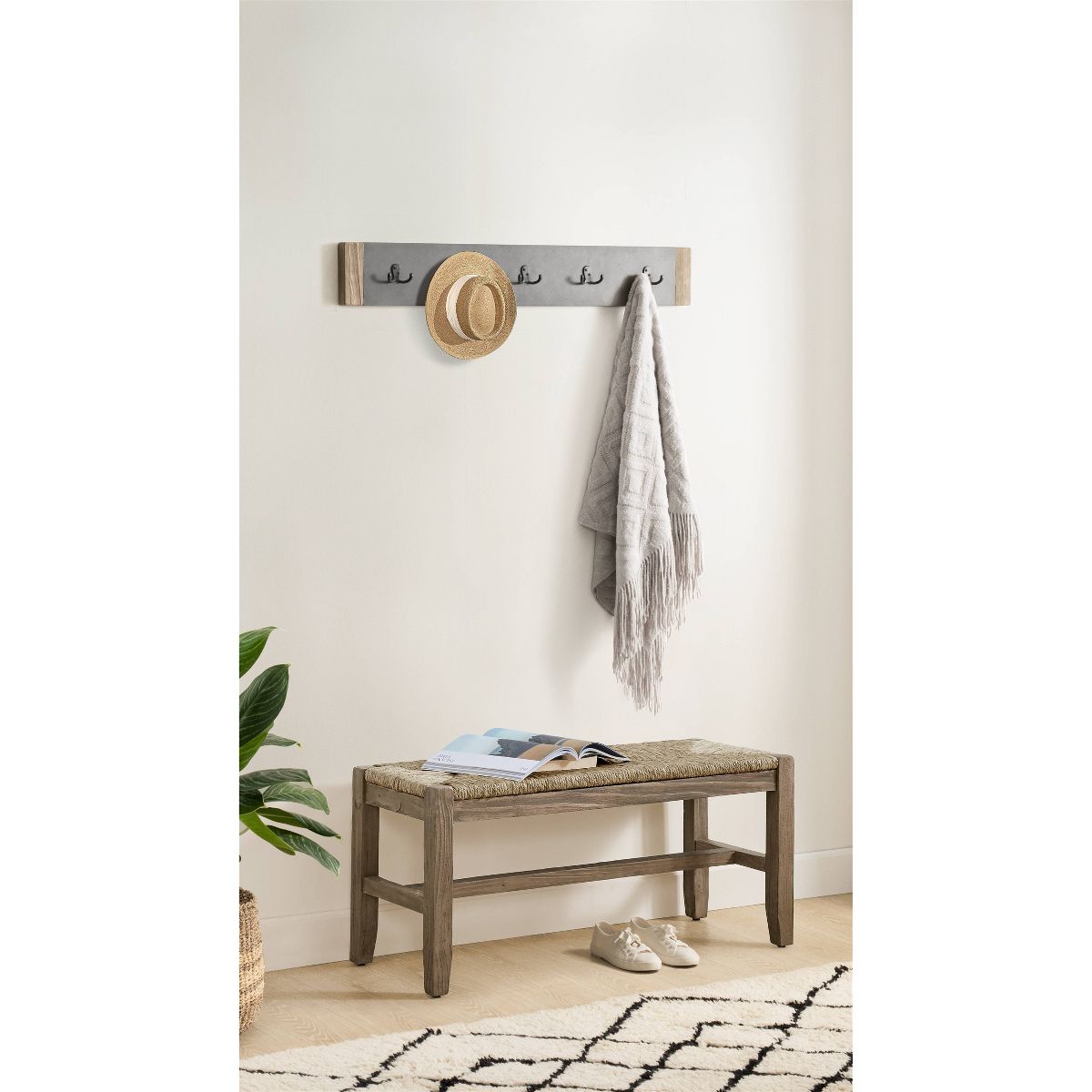 40" Davenport Coat Hook and Rush Seat Bench Set Light Amber - Alaterre Furniture: Rustic Industrial Entryway Organizer, Wood Frame - thumbnail 2
