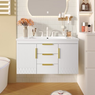 JUJABU 36" Wall-Mounted Bathroom Vanity with Resin Sink, 2 Drawers, Solid Wood Cabinet & Spacious Storage