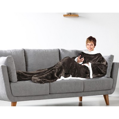 Brown Sherpa Fleece Wearable Blanket with Sleeves and Foot Pockets