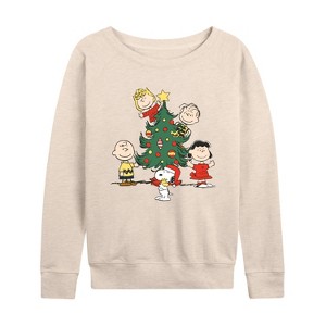 Women's - Peanuts - Peanuts Christmas Tree Lightweight French Terry Wide Neck Long Sleeve Graphic Shirt - 1 of 4