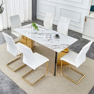 ModernLuxe 7 PCS Dining Table Set for 6, Modern Dining Set with 6 Upholstered Dining Chairs & Gold Stainless Steel Butterfly Legs, Black/White - 1 of 4