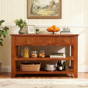 Hostack 48'' Modern Solid Wood Top Console Table with 3 Storage Drawers and 2 Shelves, Brown - 1 of 4