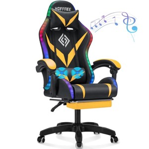 Hoffree Upholstered Massage Gaming Chair Ergonomic Office PC Chair with Bluetooth Speaker & RGB Light - 1 of 4