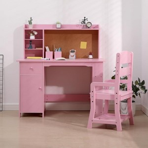 Kids Desk and Chair Set, Wooden Study Table with Storage Shelf, Bulletin Board, Children School Learning Desk Set, Writing Table for Boys and Girls - 1 of 4