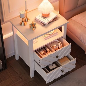 Coolmee LED Night Stand with 2 Storage Drawers and Legs, Farmhouse Nightstand with Open Storage Shelf, Rustic Bedside Table for Bedroom Living Room - 1 of 4