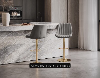 Adjustable Grey Vegan Leather Swivel Bar Stools with Gold Base - Set of 2