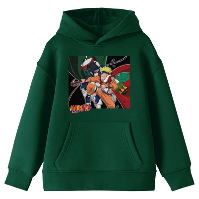 Naruto Sasuke & Naruto In Action Long Sleeve Youth Forest Green Hooded Sweatshirt