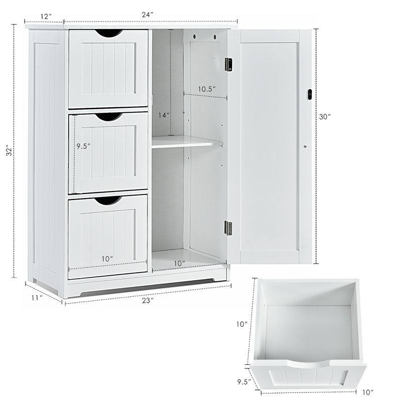 Costway Bathroom Floor Cabinet Side Storage Cabinet with 3 Drawers and 1 Cupboard Grey\ Black, 4 of 11