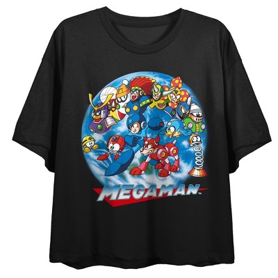 Mega Man Characters In Action Group Shot Crew Neck Short Sleeve Black  Women's Crop Top-XS