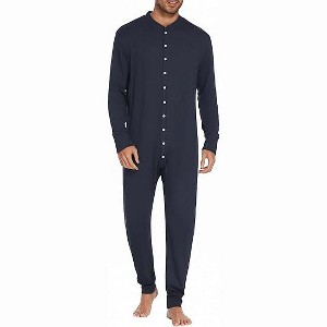 Ekouaer Men's One Piece Pajama Thermal Full Button Union Suit Long Sleeve Onesie with Button Flap Navy Blue M - 1 of 4