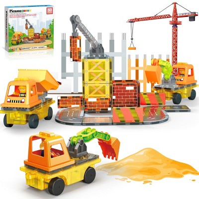 PICASSO-TILES Magnetic Tiles, 5-in-1 Construction Theme Building Blocks Set Toy for Kids, 50pc
