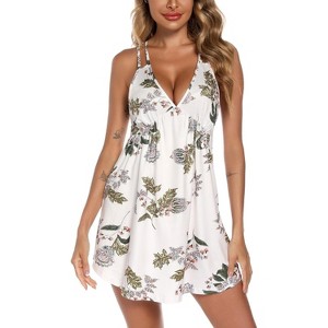 Clotth Sexy V-Neck Babydoll Lingerie Nightgown-Soft Stretchy Silky Sleepwear for Women,Comfortable Loungewear & Romantic Nights,White Leaf-S-XXL - 1 of 4