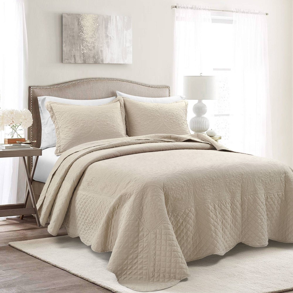 3pc King Medallion Scallop Oversized Embroidered Bedspread Set Beige - Lush D&eacute;cor: Microfiber, Quilted Design, 225 Thread Count