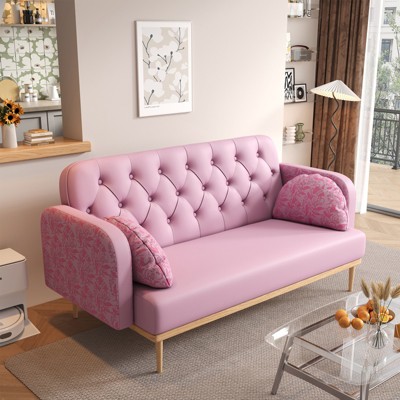 Upholstered Loveseat Couch With 2 Piercing-Shaped Pillows Wooden Legs Button Tufted Cushion Couch Sleeper Armrest Sofa