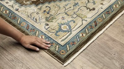 Ivory and Brown Synthetic Bohemian Area Rug with Trim Embellishment