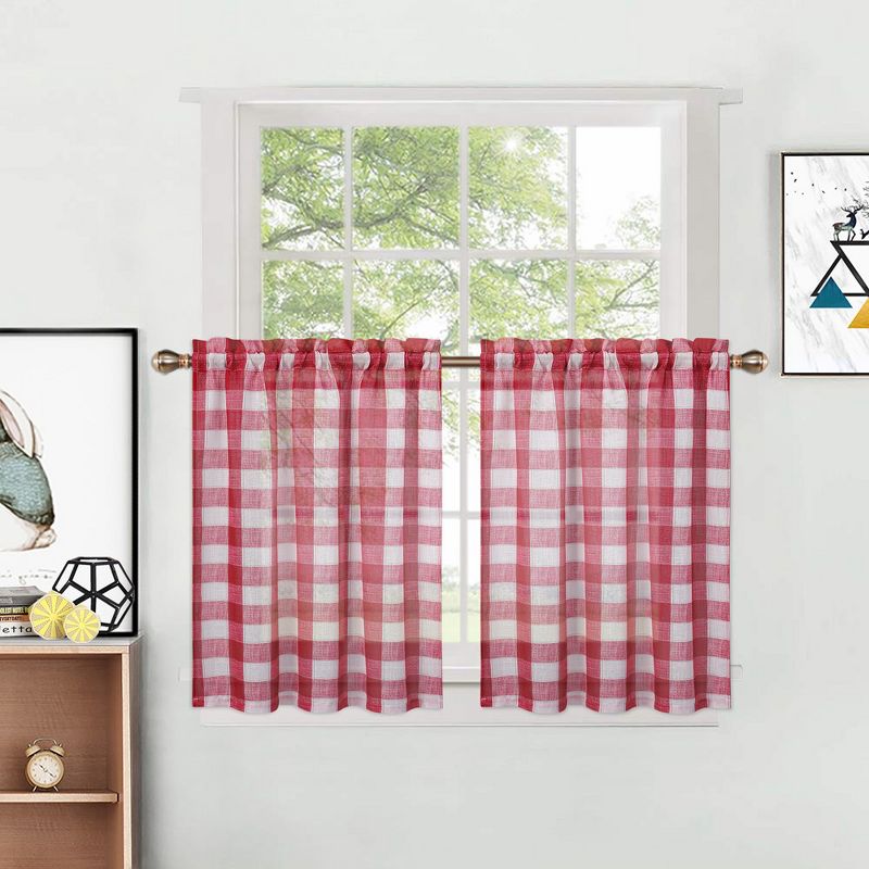 Whizmax Tier Curtains Farmhouse Plaid Check Light Filtering Sheer for Kitchen Window, Set of 2, 5 of 6
