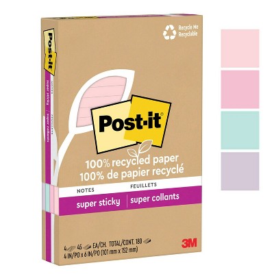 Post-it Recycled Super Sticky Notes 4x6 Pastels : Target