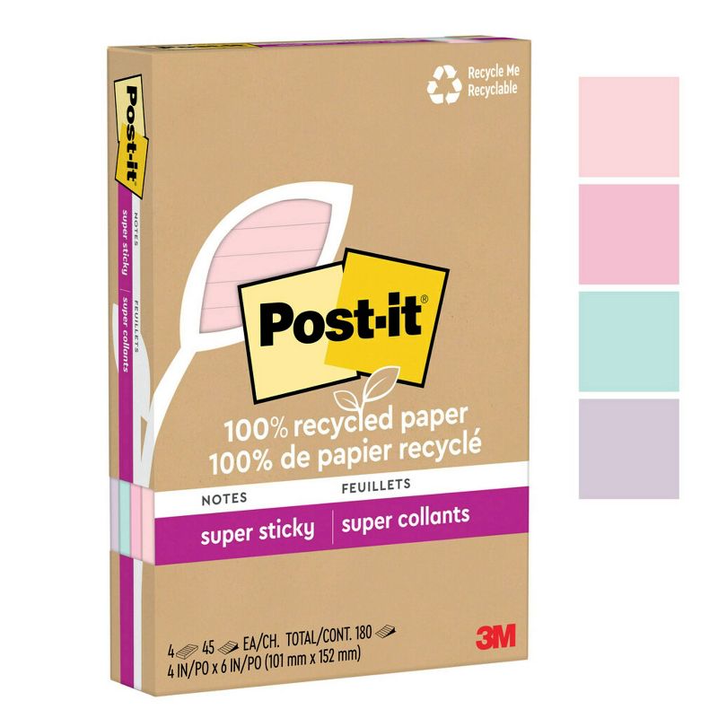 Post-it Recycled Super Sticky Notes 4&#34;x6&#34; Pastels, 1 of 17