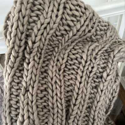 Beige Chunky Ribbed Knit Cotton Throw Blanket