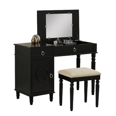 Seraph Vanity Set Featuring Stool And Mirror Black - Benzara