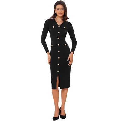 INSPIRE CHIC Women's V Neck Long Sleeve Button Decor Knit Midi Bodycon Sweater Dress