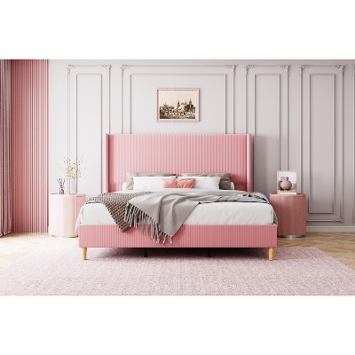 Bed Frame, Upholstered Platform Corduroy Bed Frame with Vertical Channel Tufted Headboard,  No Box Spring Needed