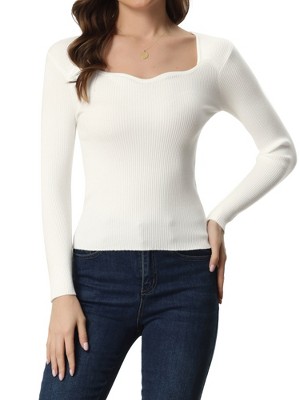 Allegra K Women's Sweetheart Neck Casual Long Sleeve Slim Fit Pullover Sweater