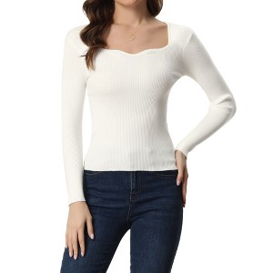 Allegra K Women's Sweetheart Neck Casual Long Sleeve Slim Fit Pullover Sweater - 1 of 4