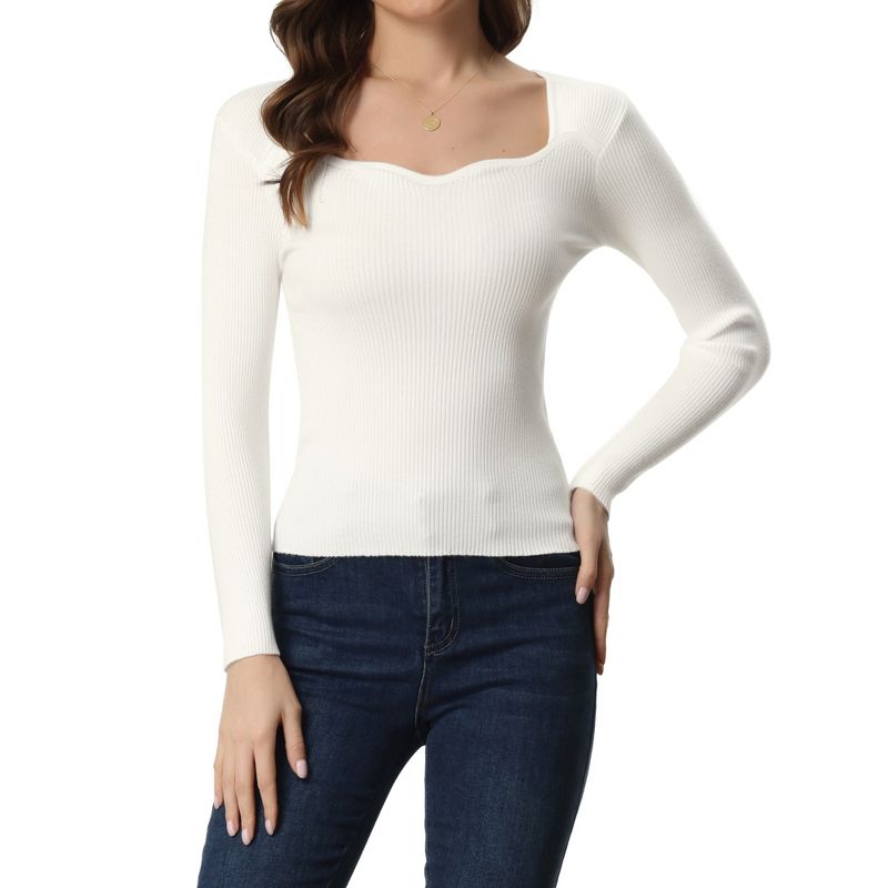 Allegra K Women's Sweetheart Neck Sweater Casual Long Sleeve Slim Fit Pullover Sweater, 1 of 7