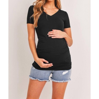 Women's Short Sleeve V-Neck Maternity Tee with Ruched Side - Hello Miz