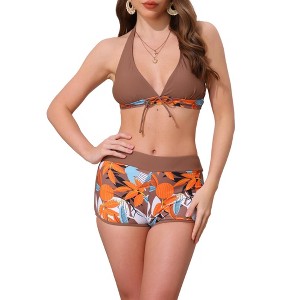 Elerevyo Women's Leaf Print Color Block Bikini Sets, Halter Top Boyshorts Bottom Swimwear Bathing Suits 1 Set - 1 of 4